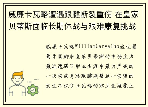 威廉卡瓦略遭遇跟腱断裂重伤 在皇家贝蒂斯面临长期休战与艰难康复挑战